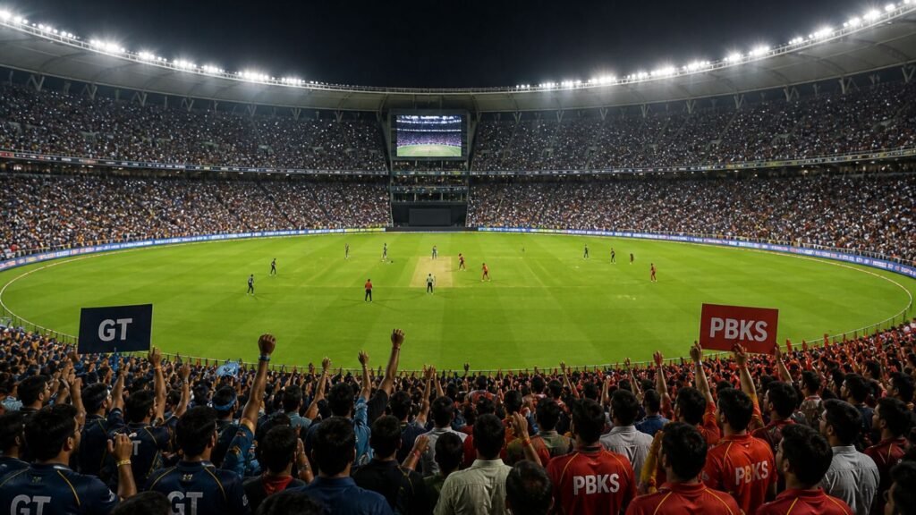 Cricket stadium packed with fans, GT vs PBKS banners visible, IPL match