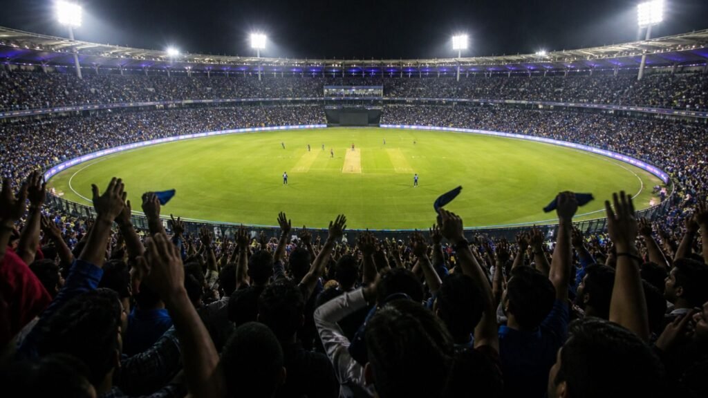 Packed IPL stadium at night, cricket match playoff race heats up