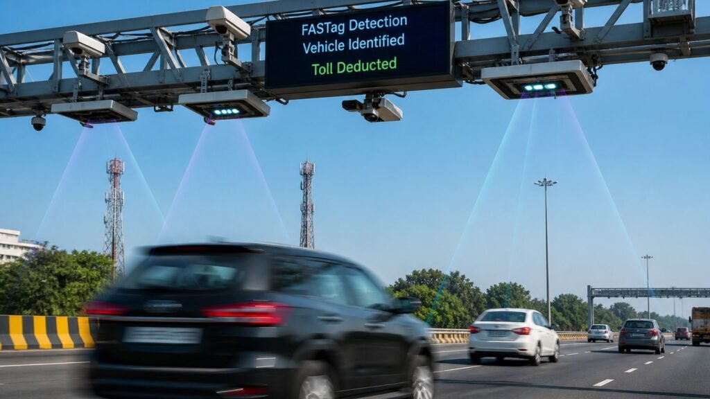 FASTag detection system at a barrier-free toll plaza in India, showing toll deducted.