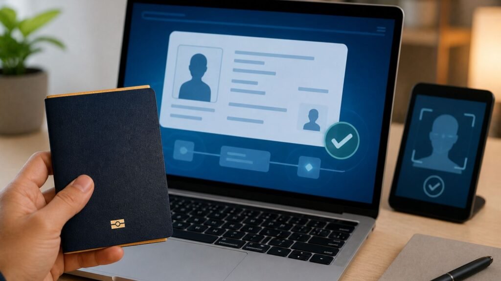 Digital OCI system: passport, laptop with ID, and phone with facial recognition for citizenship.
