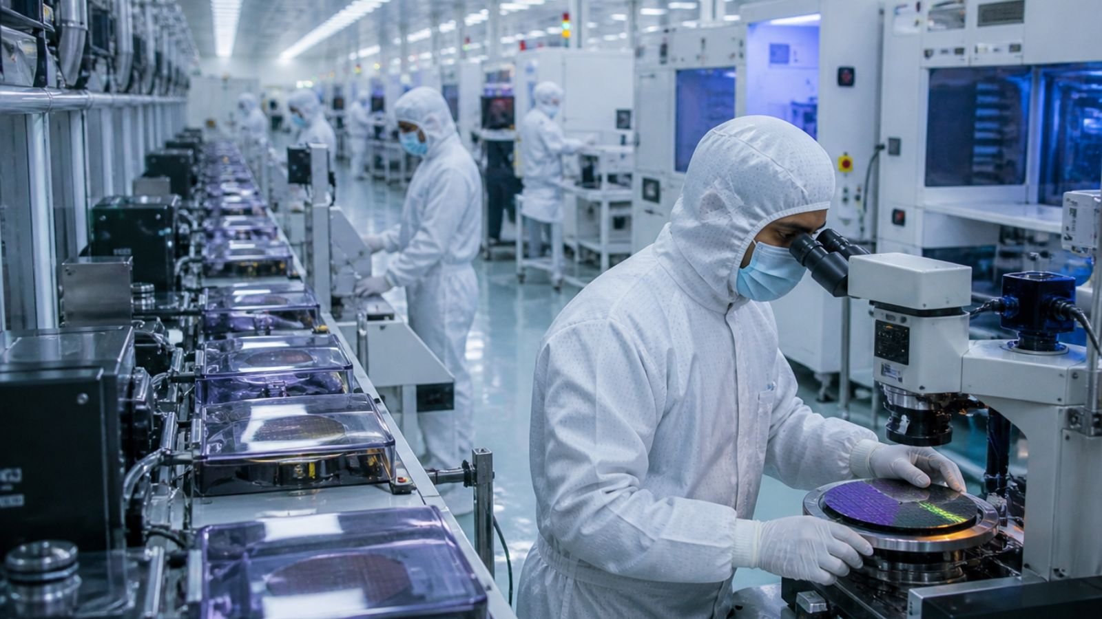 High-detail realistic image of a semiconductor manufacturing clean room in India with engineers wearing protective suits operating advanced chip fabrication machines and handling silicon wafers, no text, logos, or symbols (representative image).