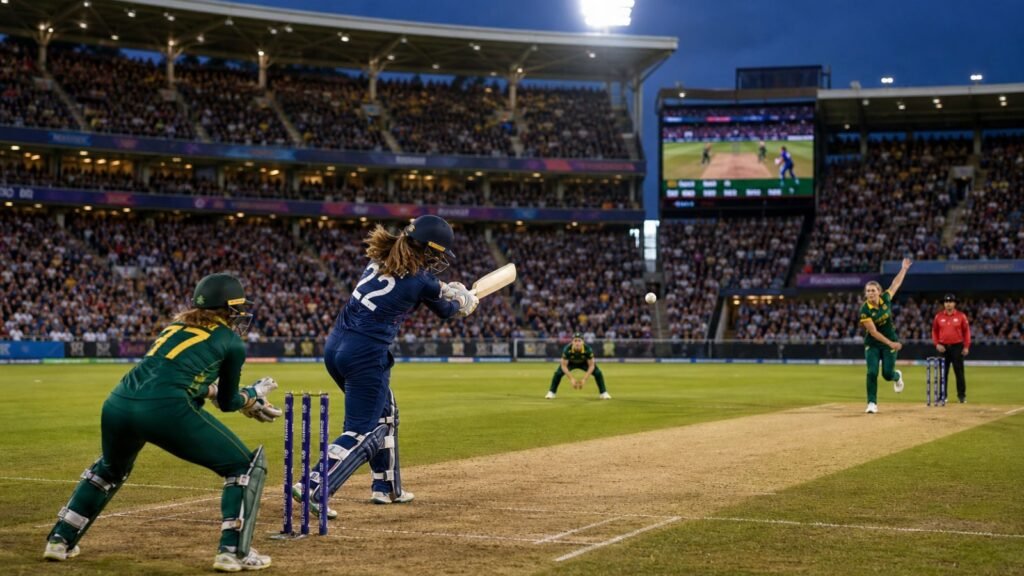 Women's cricket match at the T20 World Cup, batter hitting ball