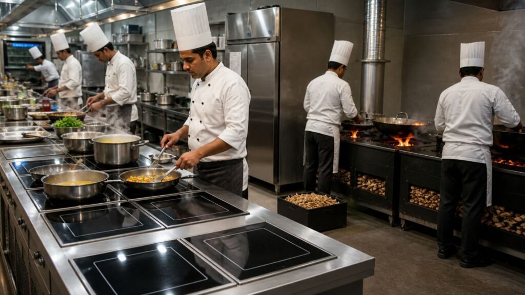 Chefs cooking in a commercial kitchen, potential business impact on LPG prices