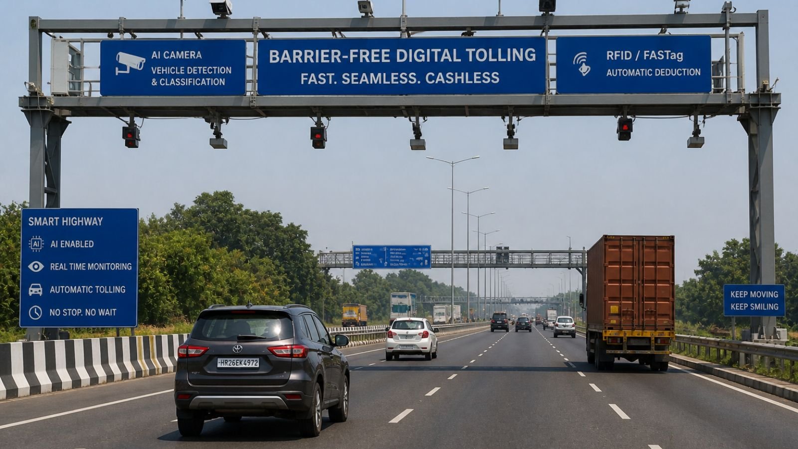 Barrier-free digital tolling system with AI camera and FASTag at a smart highway in India.