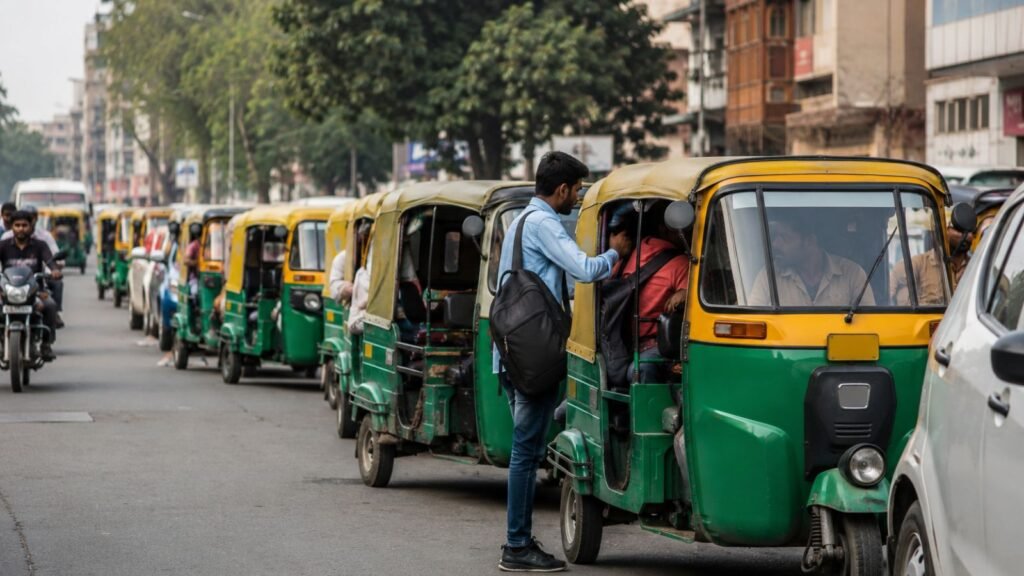 Realistic Ahmedabad city street scene showing meter-operated green and yellow auto-rickshaws lined up along a busy road with commuters boarding vehicles, traffic movement, and urban transportation activity in Gujarat, representing revised minimum fares and per-kilometre charges announced by auto-rickshaw associations due to increasing CNG prices, maintenance expenses, and higher operational costs affecting drivers and transport services across the city, high-detail Indian urban environment, no text or logos (representative image).