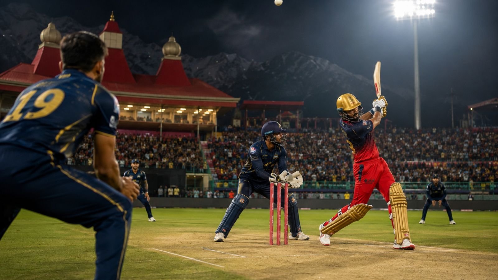 Royal Challengers Bengaluru and Gujarat Titans battle under floodlights at Dharamshala during the high-stakes IPL 2026 Qualifier 1 clash, where a direct spot in the Grand Final is on the line (representative image).