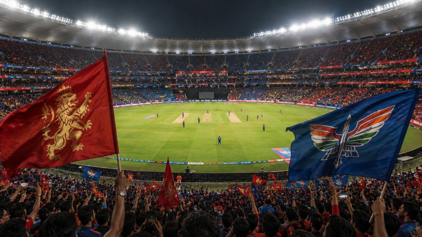 High-detail realistic image of an IPL cricket stadium during an RCB vs LSG match showing a packed crowd, illuminated field, and energetic night match atmosphere with no text, logos, or symbols (representative image).