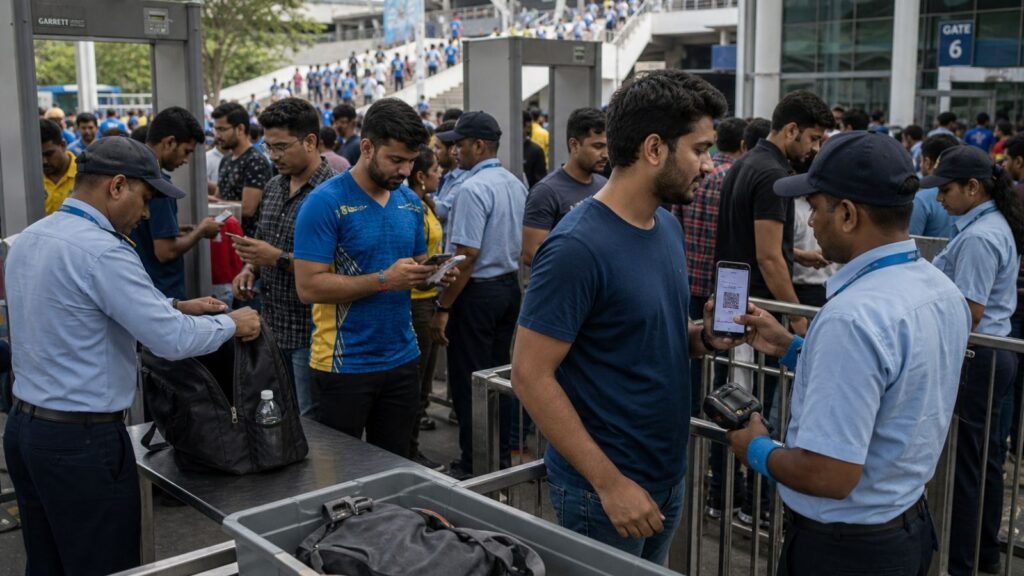 Security check at IPL 2026 event: Fans scan QR codes and bags.