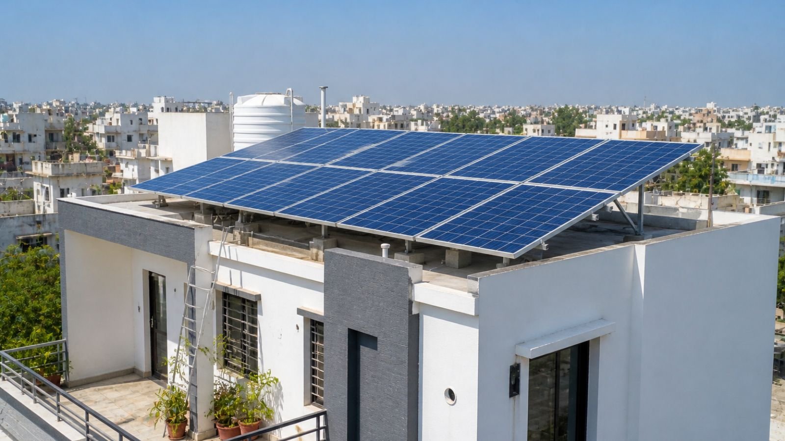 Rooftop solar panels on a house in Gujarat, India, illustrating PM Surya Ghar Yojana benefits.