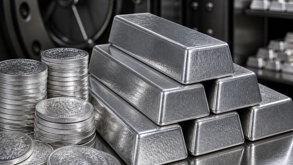 Silver bars and coins stacked in a vault, suggesting precious metal investment.