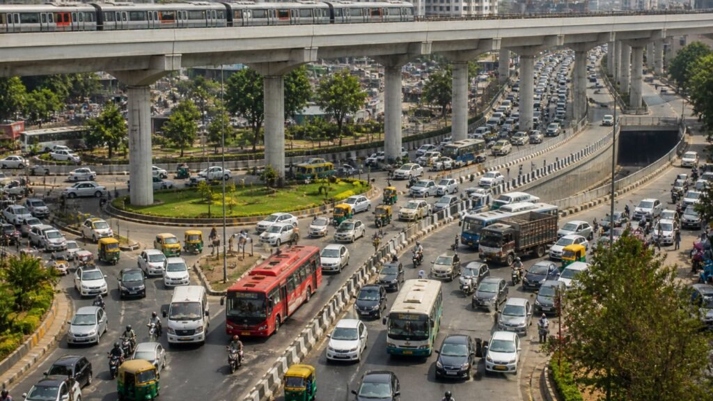 Heavy traffic congestion on Ahmedabad's Subhash Bridge with a metro train overhead.