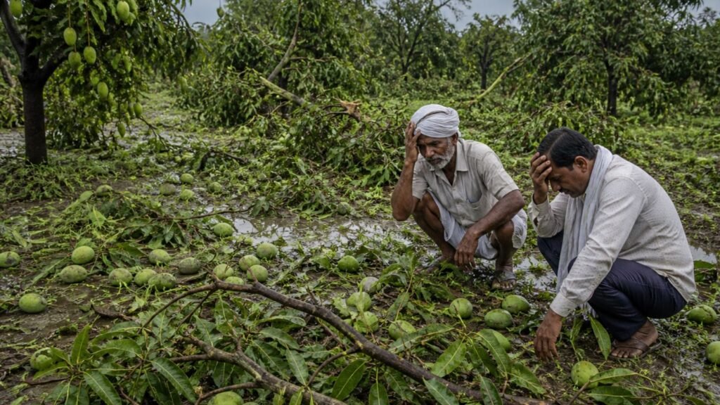 Two farmers assess mango crop damage after unseasonal rain in Gujarat
