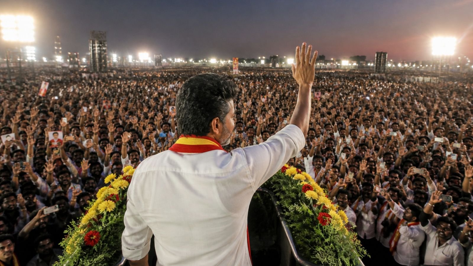 Vijay TVK addressing a large crowd with flowers and night sky backdrop