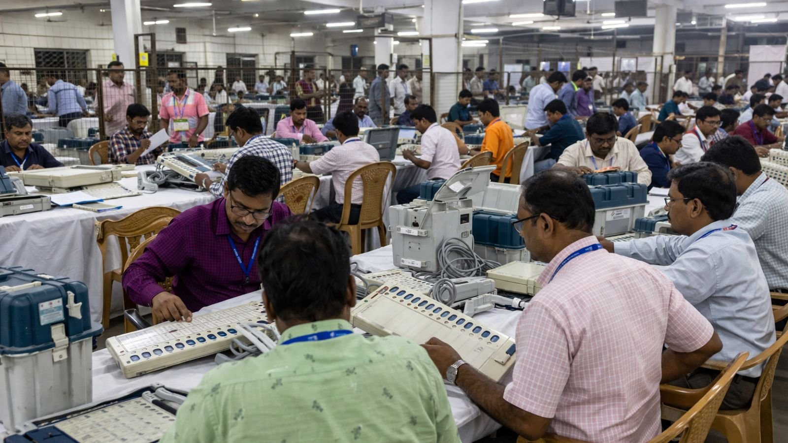 Election officials count votes using EVMs in West Bengal, 2026.