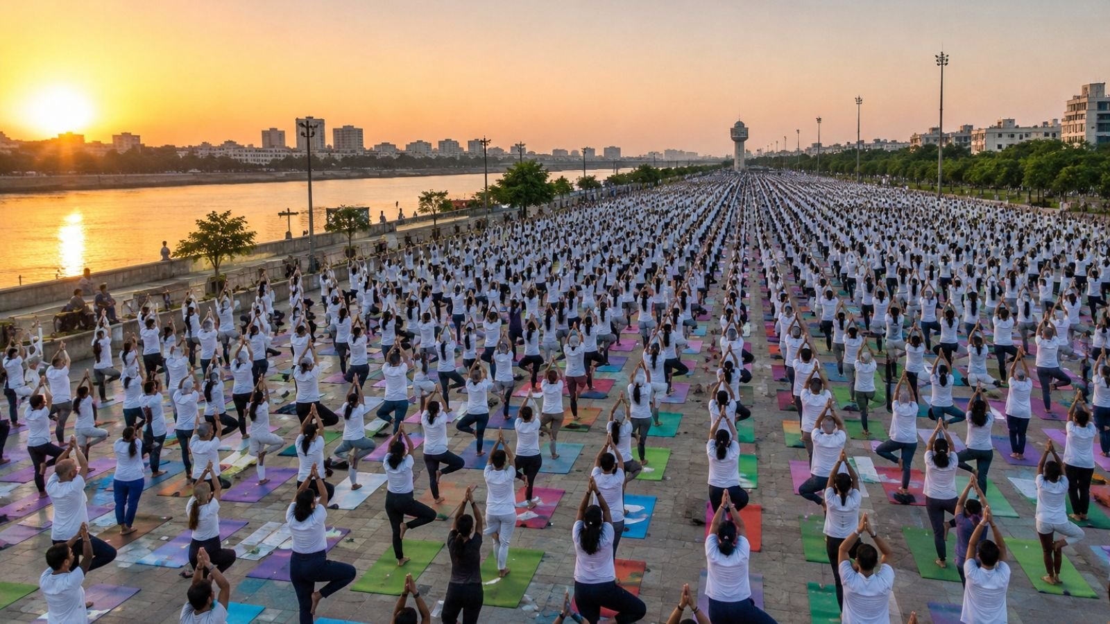 Thousands practice yoga at sunrise in Ahmedabad for International Yoga Day 2026.