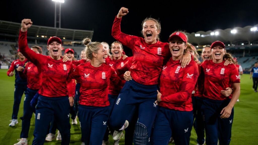 England women's cricket team celebrates T20I series win against India, Alice Capsey cheers.