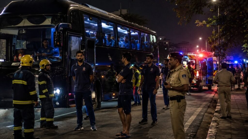 Gujarat Titans players and emergency responders at team bus after fire scare post-IPL 2026 final.