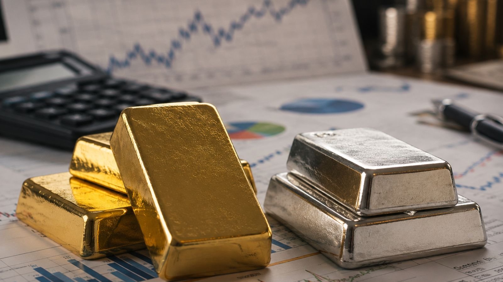 Gold and silver bars on financial charts, suggesting investment and Surat gold rate outlook.