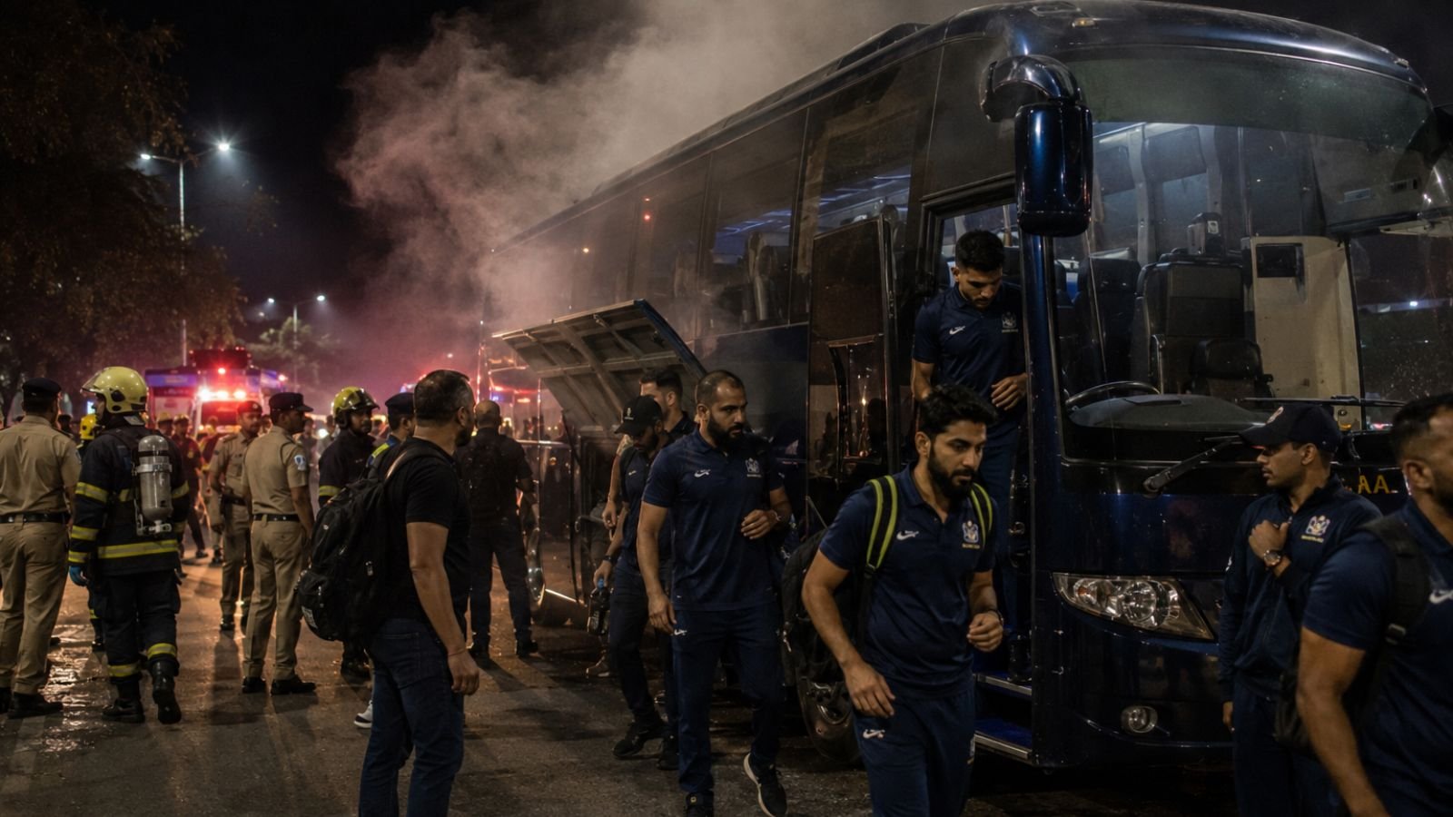 Gujarat Titans players disembark bus after fire scare following IPL 2026 Final