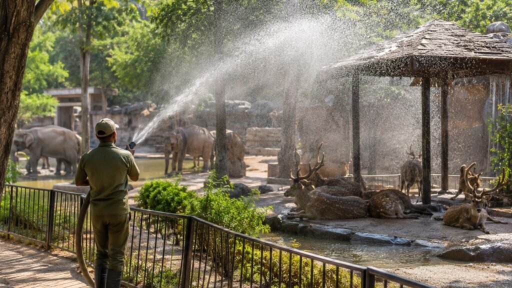 Zoo keeper sprays water on deer and elephants at Nehru Zoological Park, Hyderabad