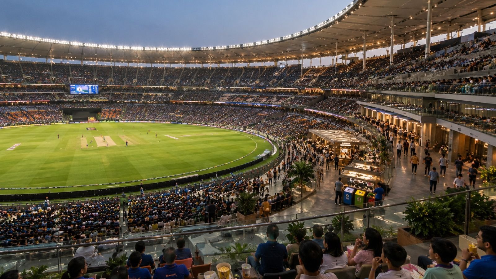 Narendra Modi Stadium interior: crowded stands, cricket field, and concourse