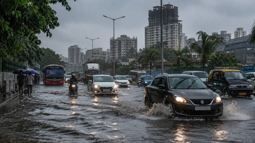 Mumbai monsoon floods: cars navigate waterlogged streets during heavy rain.