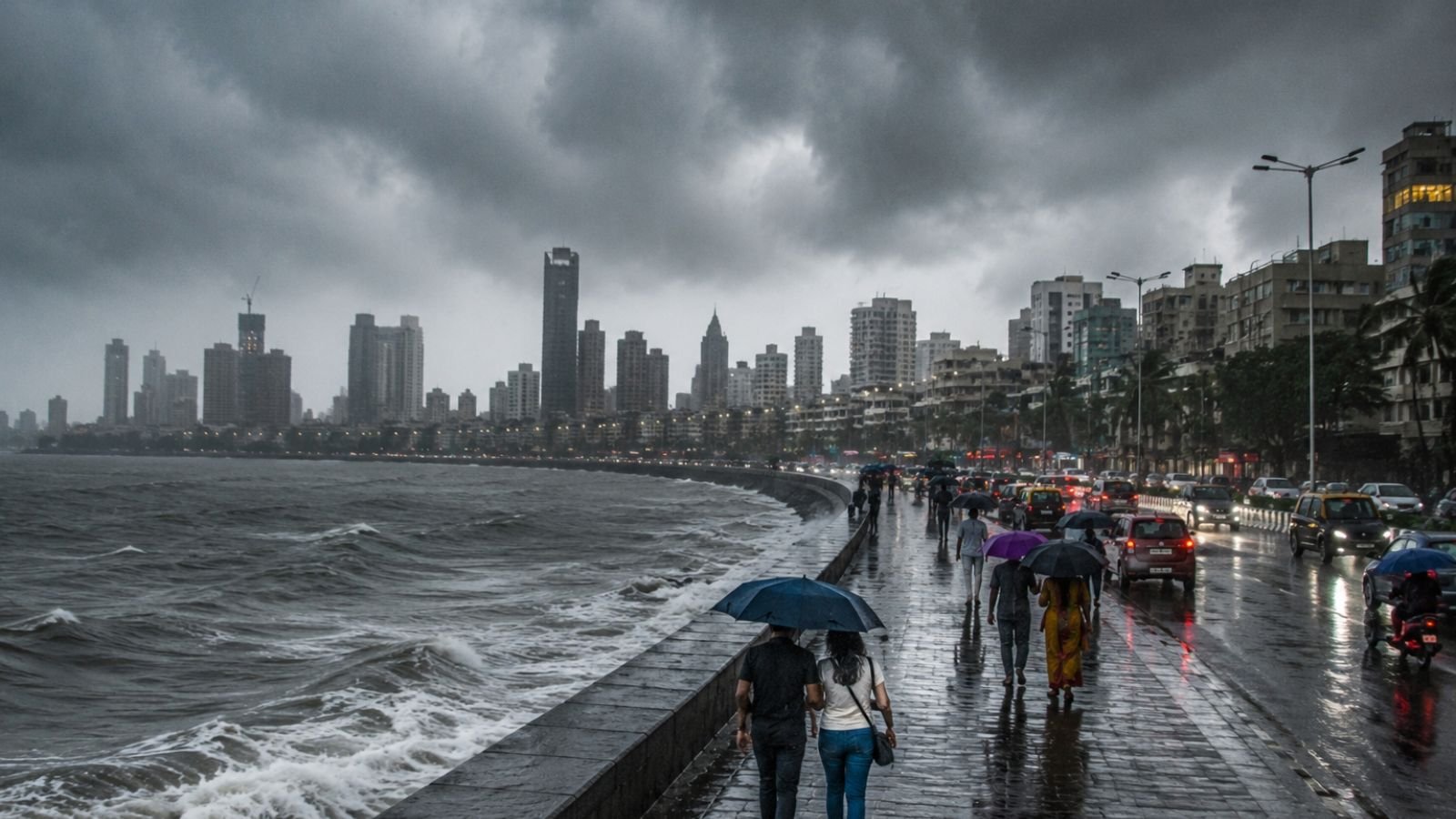 Mumbai monsoon: People with umbrellas walk along Marine Drive during heavy rain and high tides.