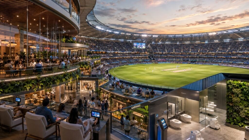Modern stadium luxury boxes overlooking a cricket match, highlighting fan experience.