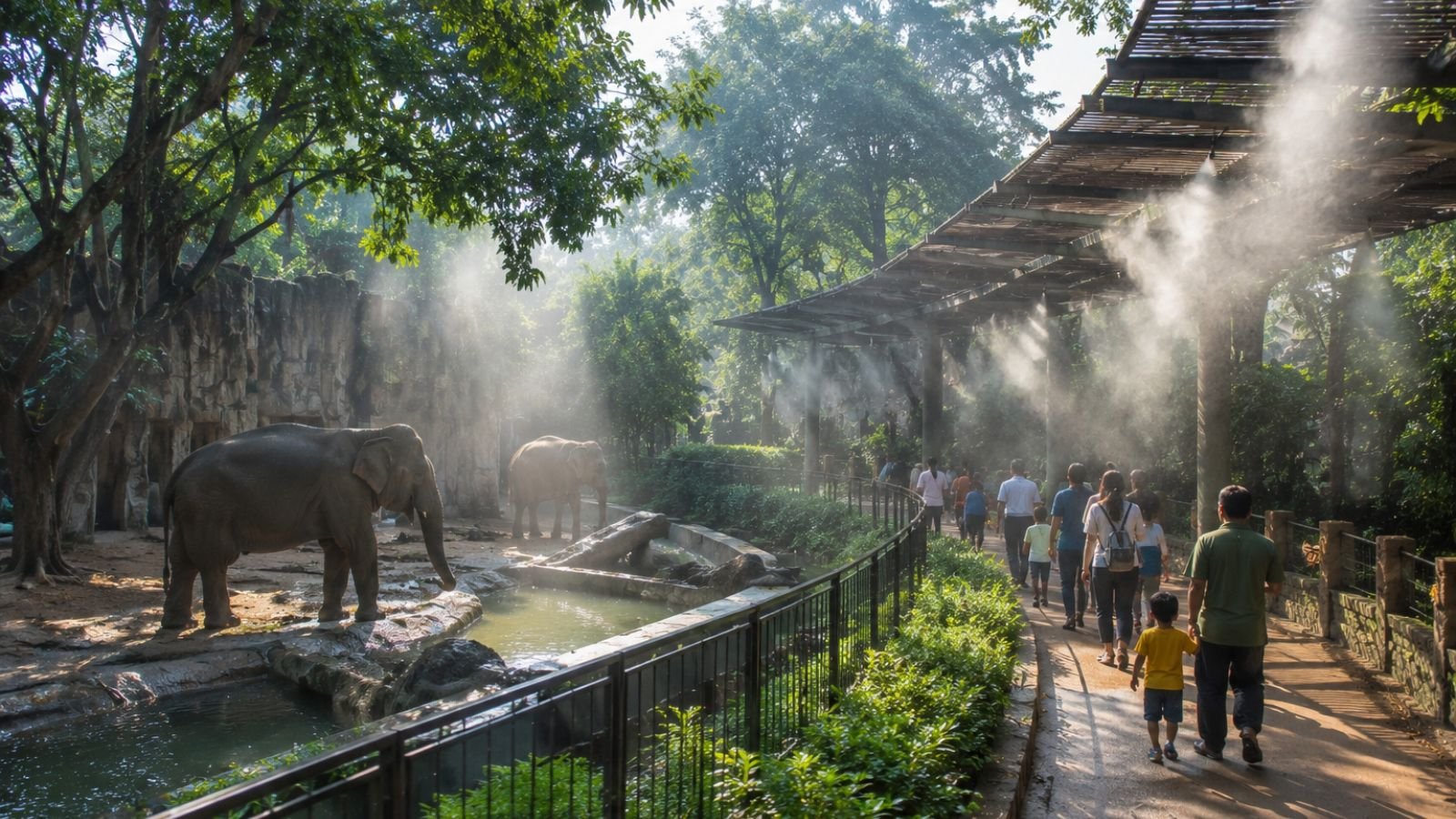 Elephants at Nehru Zoological Park Hyderabad, mist cooling visitors and animals