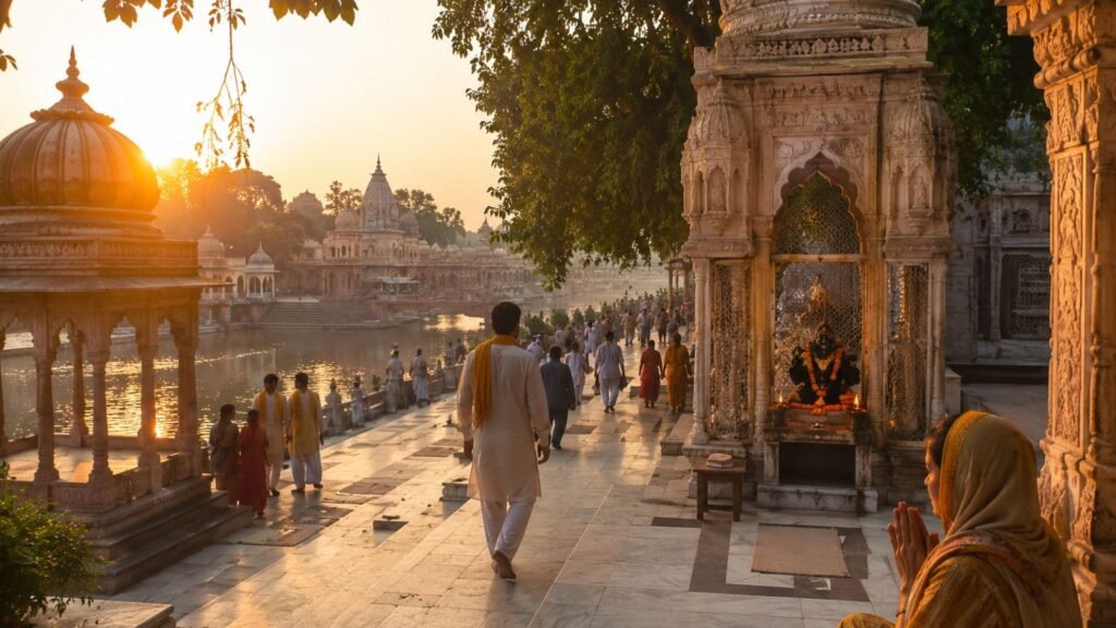 Virat Kohli and Anushka Sharma visit Premanand Maharaj at a temple by a lake at sunset.