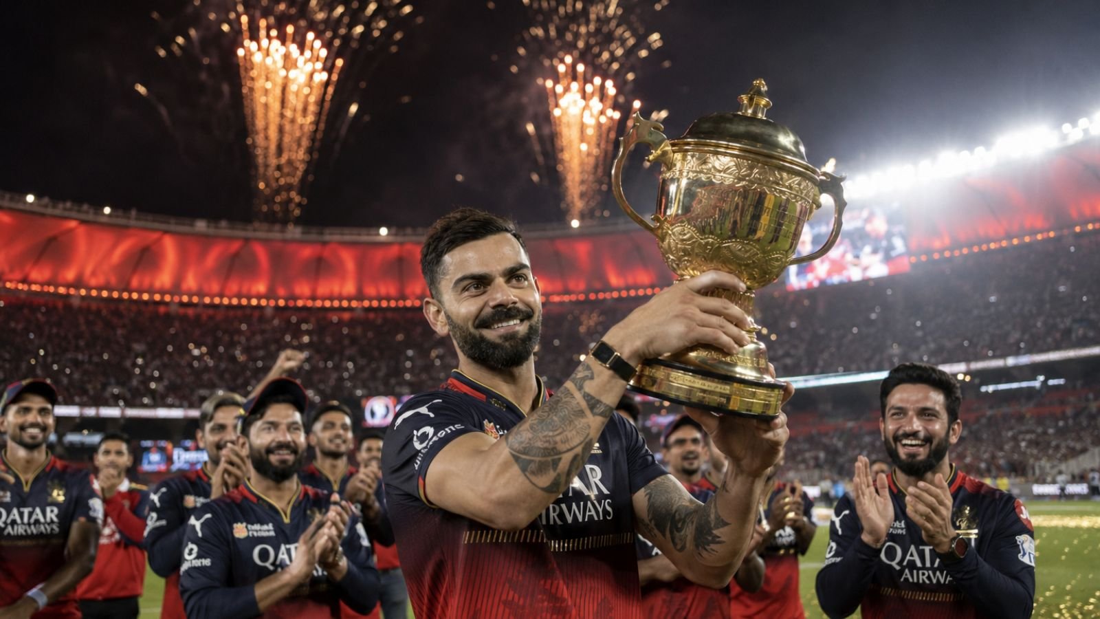 Virat Kohli lifts the IPL trophy as RCB wins the 2026 final, with fireworks and cheering fans.