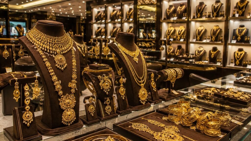 Luxurious gold jewelry displayed in a store, showcasing necklaces and bangles.