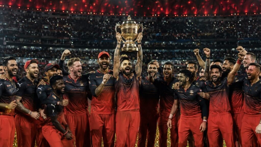 Virat Kohli lifts the IPL trophy as RCB celebrates their 2026 win.