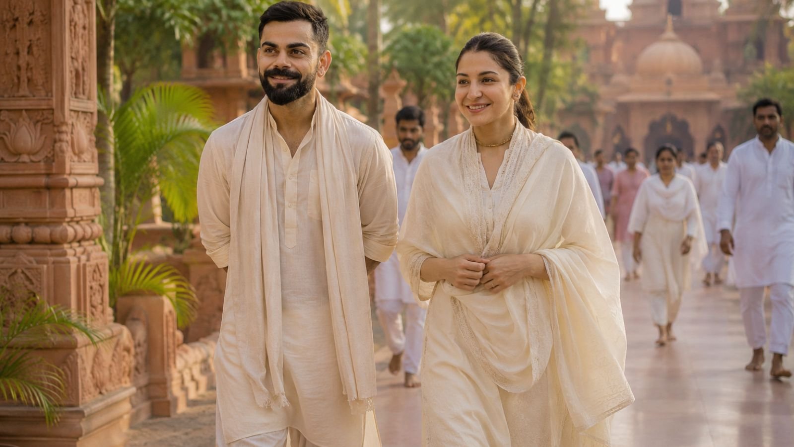 Virat Kohli and Anushka Sharma in traditional Indian attire visiting Premanand Maharaj.