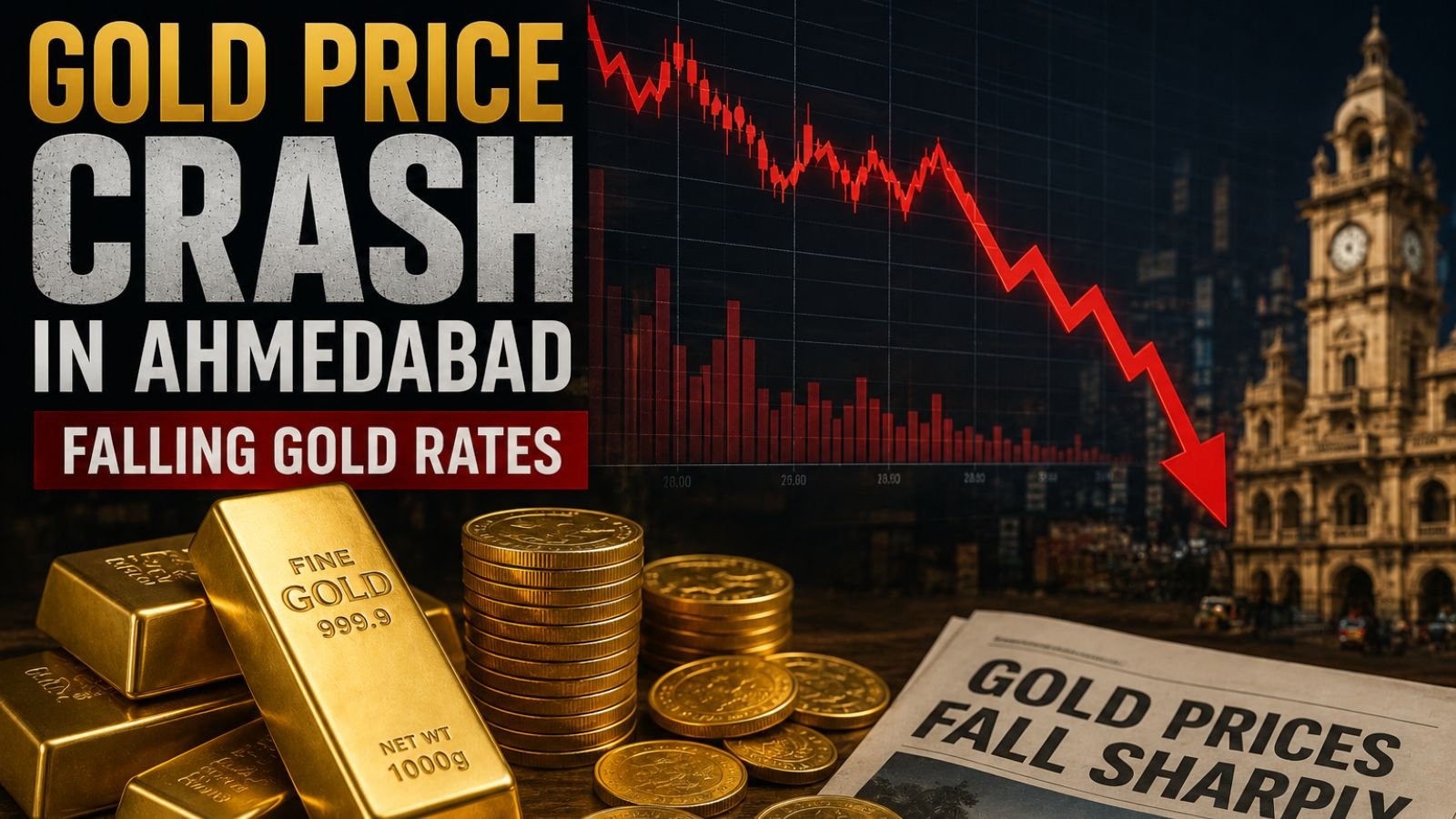Gold price crash in Ahmedabad: falling gold rates, gold bars, coins, and newspaper headline.