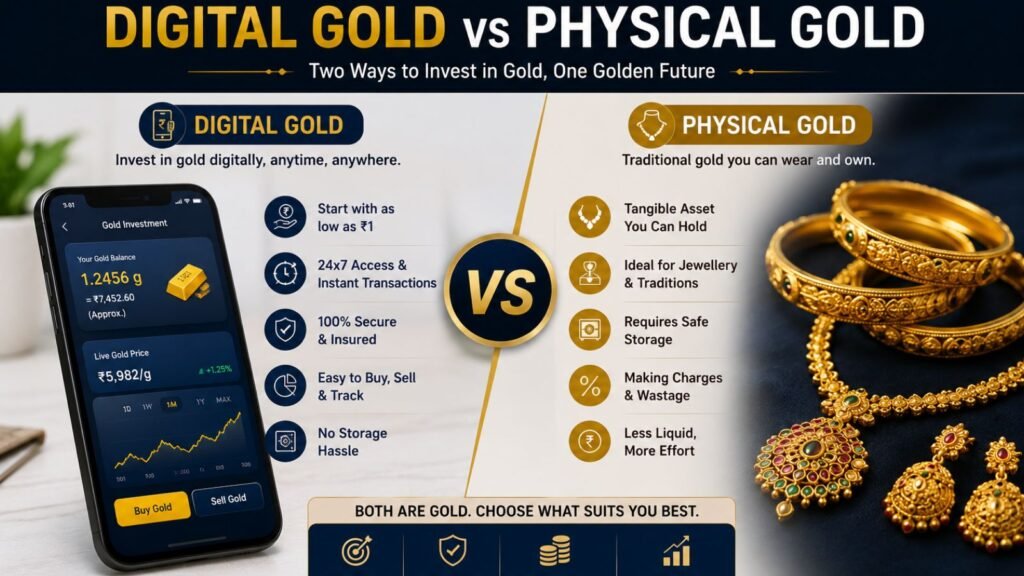 Digital gold vs physical gold comparison infographic with app screenshot and gold jewelry
