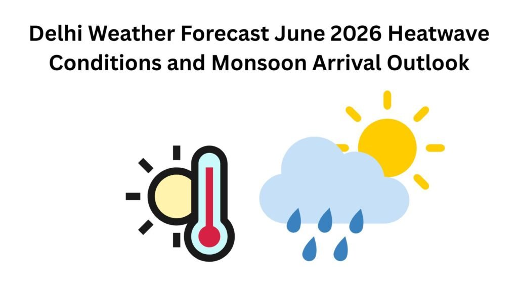 Delhi June 2026 weather forecast: sun, thermometer, and rain cloud icons