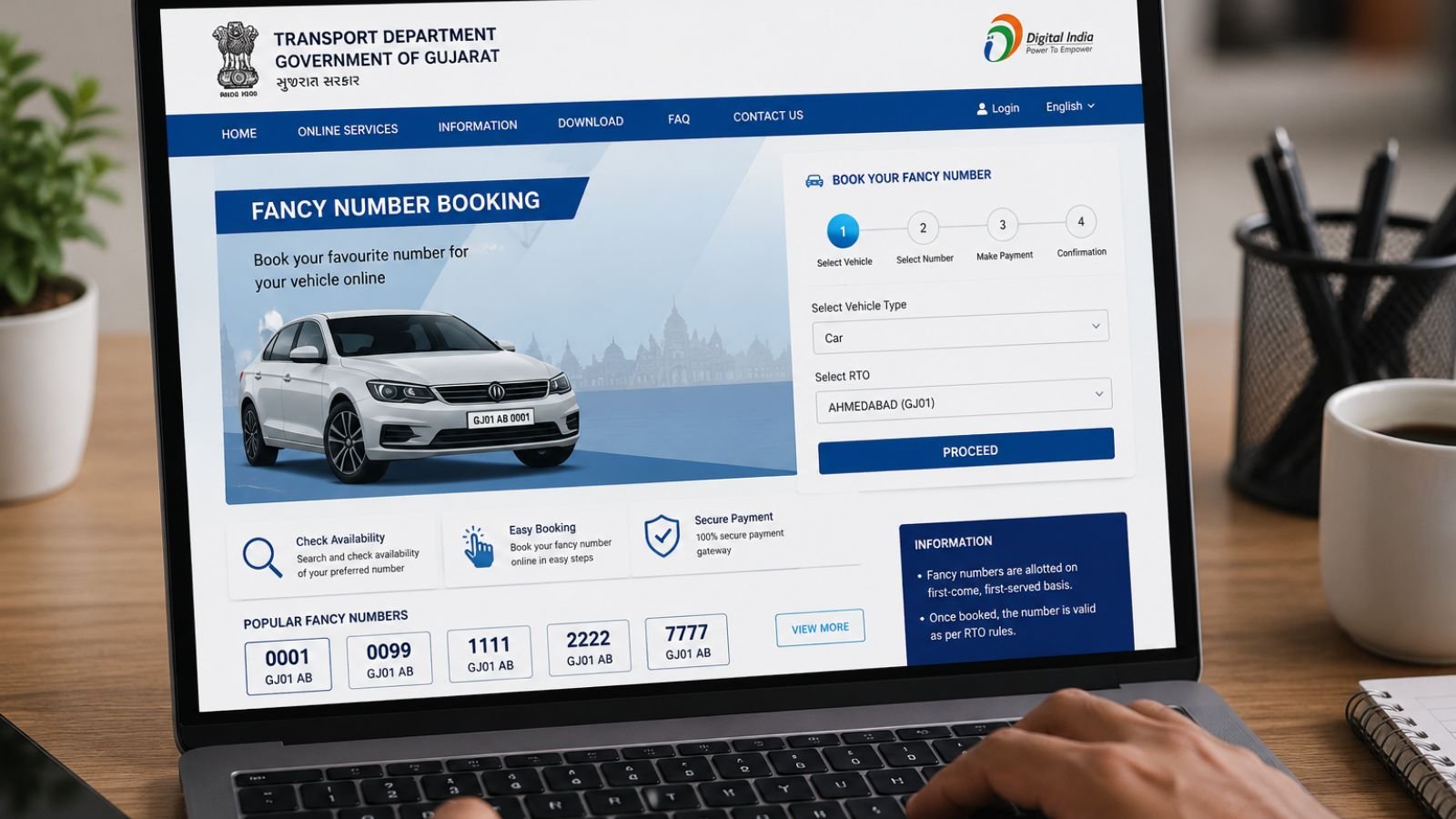 Gujarat RTO fancy number booking online: car, select RTO, make payment