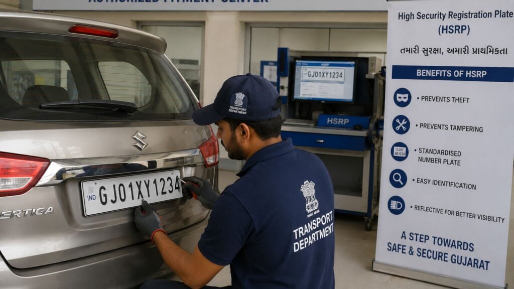 Gujarat transport official installs High Security Registration Plate (HSRP) on a car.