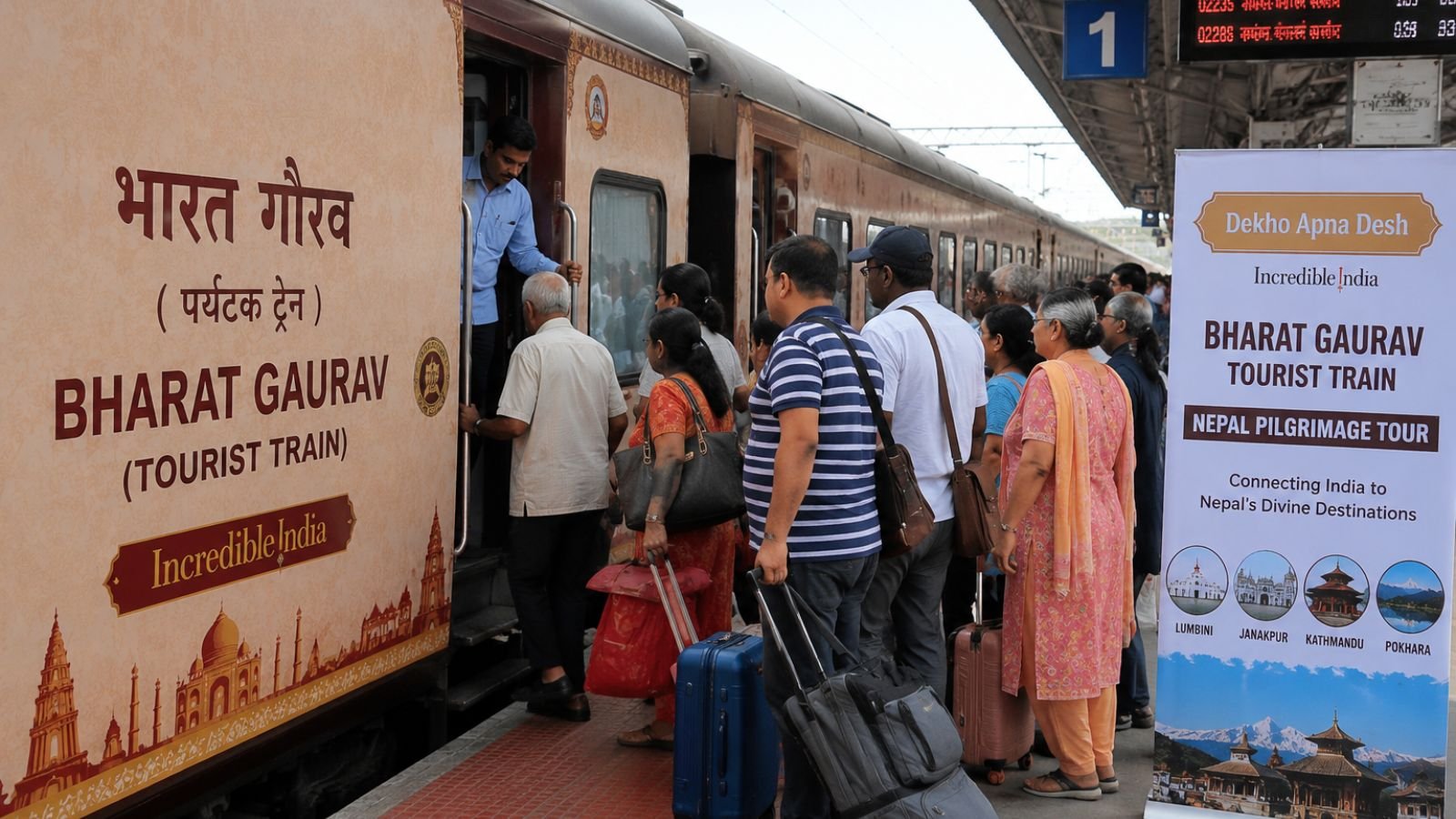 Bharat Gaurav Tourist Train to Nepal: Passengers board the train for a pilgrimage tour.