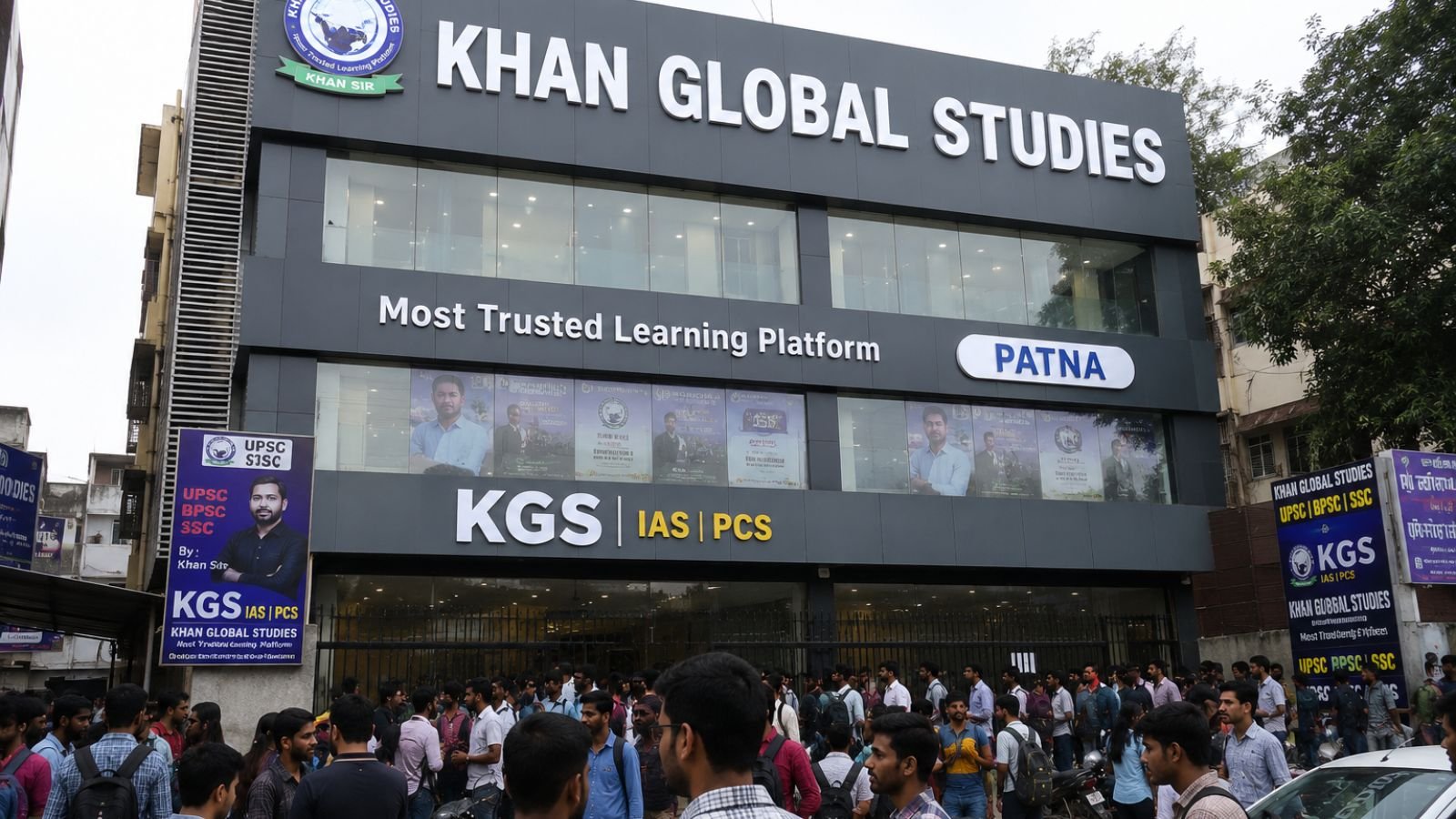 Khan Global Studies coaching center in Patna, India, with students outside.