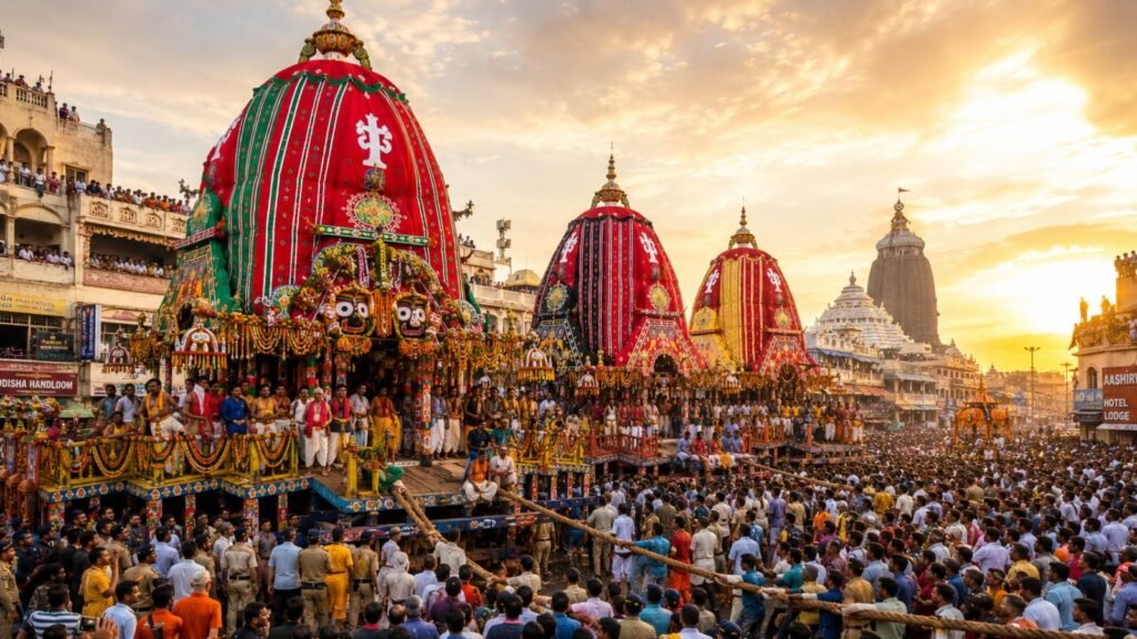 Jagannath Rath Yatra 2026 in Puri, Odisha: Giant chariots and massive crowd during the festival
