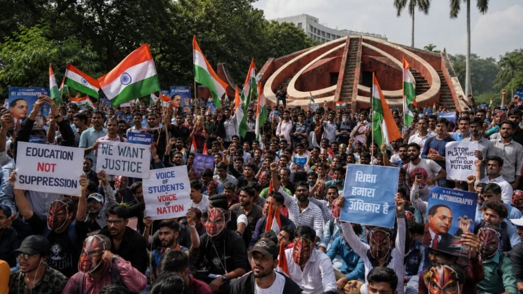 Students protest at Jantar Mantar, holding Indian flags and signs demanding justice for NEET-UG and CBSE exams.