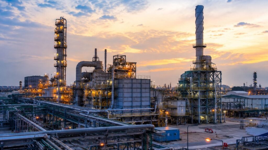 Surat industrial complex with refinery towers at sunset, relevant to PM Modi's visit.