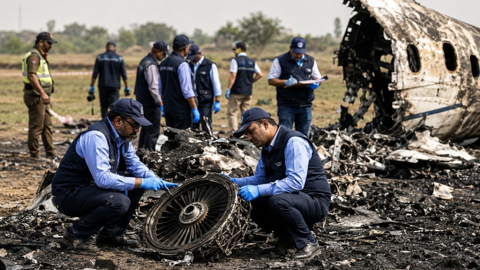 Aircraft Accident Investigation Bureau (AAIB) investigators inspecting aircraft wreckage at a secured investigation site with aviation experts reviewing technical equipment, documenting evidence, and analysing debris in a professional daylight accident investigation scene.