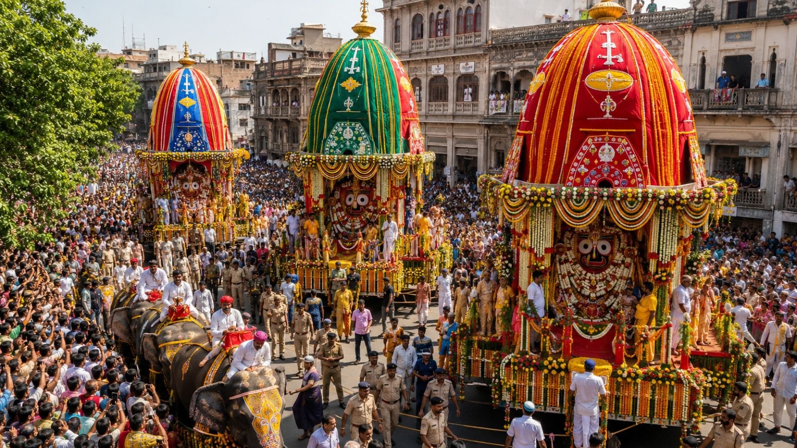 Ahmedabad Jagannath Rath Yatra 2026 featuring decorated chariots of Lord Jagannath, Lord Balabhadra, and Devi Subhadra, thousands of devotees, decorated elephants, police security, and the vibrant cultural procession through the city's heritage streets.