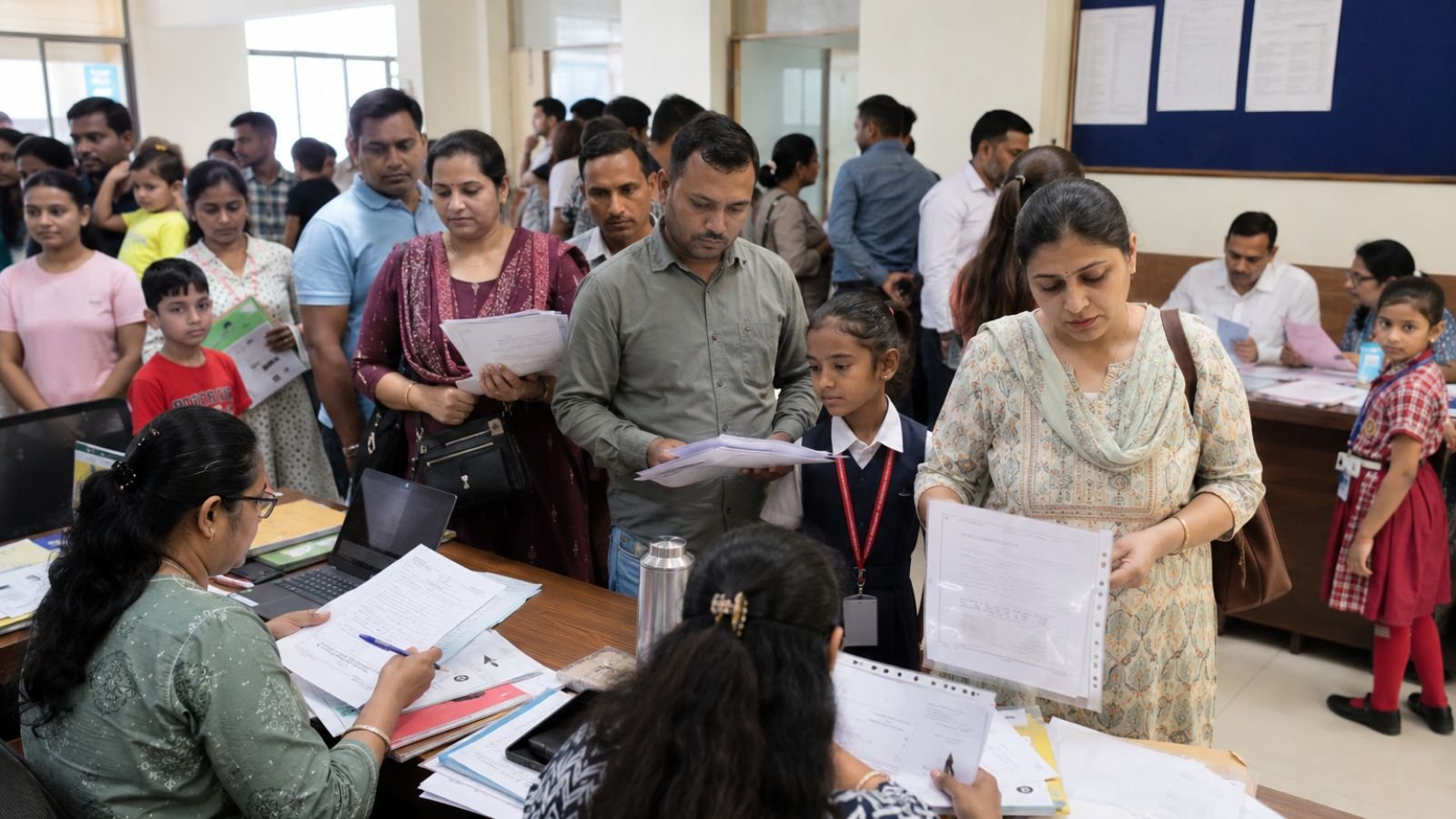 Ahmedabad RTE admission document verification at a private school showing parents holding birth certificates, Aadhaar cards, passport-size photographs, income certificates, and admission documents while school staff verify paperwork at multiple counters, with children in school uniforms waiting in a well-organized admission office.