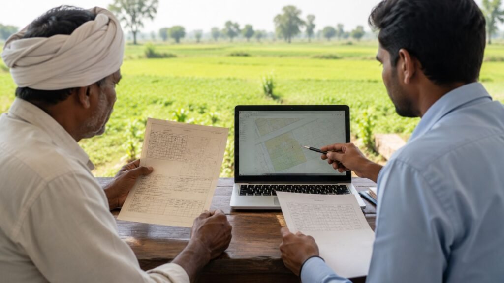 Two men analyzing land records at a table with a laptop and map