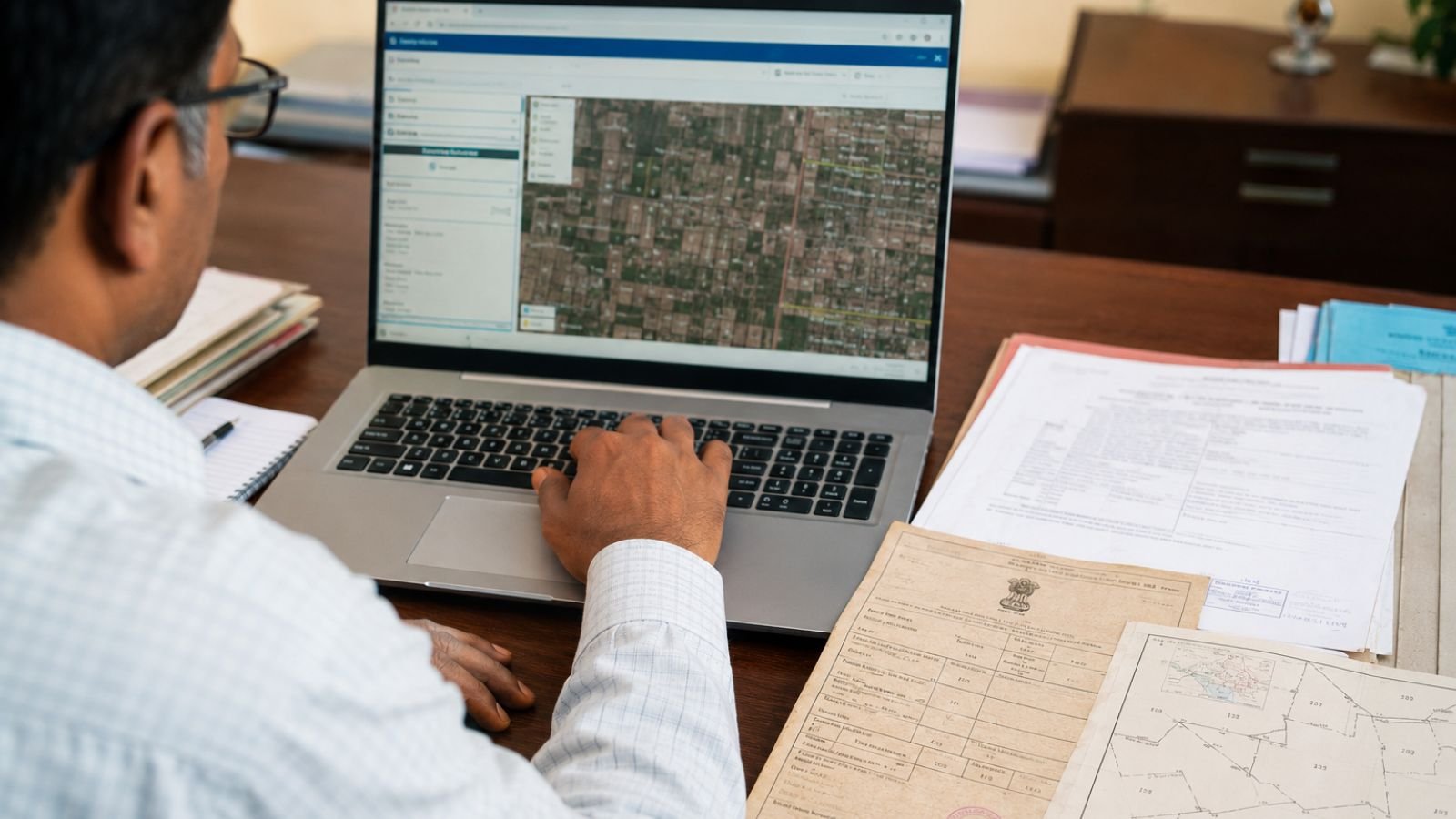 Man working on laptop displaying property map for Gujarat land records
