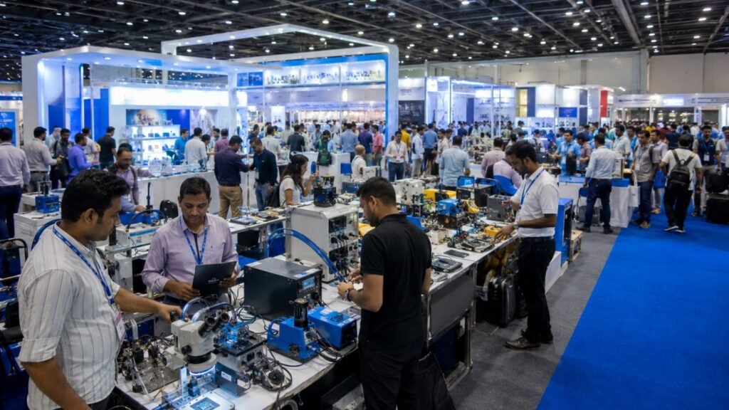 Attendees at CGC India 2026 exhibition exploring advanced technology displays and equipment.